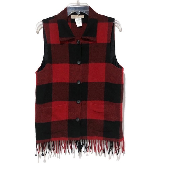 SWEET JESSIE PLAID FRINGED BUTTON DOWN VEST. - Picture 1 of 6